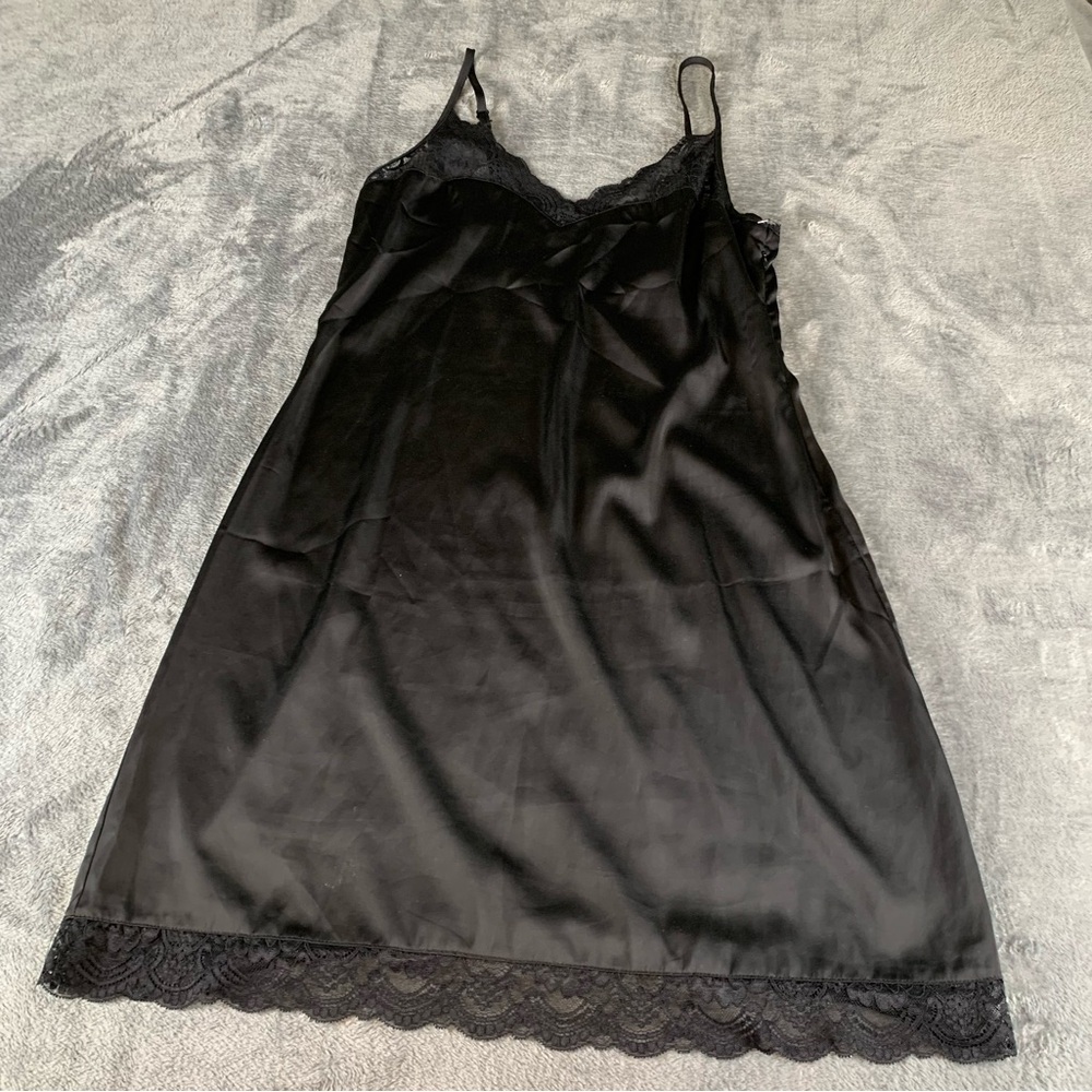 Belle‎ Poque Slip Dress Women’s Medium Black Lace Trim Side Zip Sheath Y2K Retro
